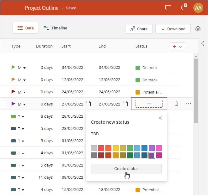 How to add and manage task and milestone statuses
