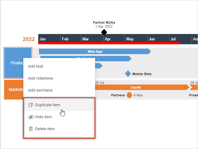 duplicate-hide-delete-swimlane-timeline-view