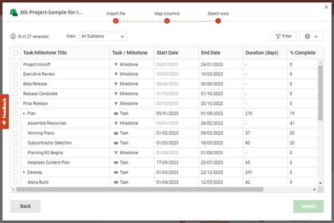 select-rows-step-project-import-office-timeline-online
