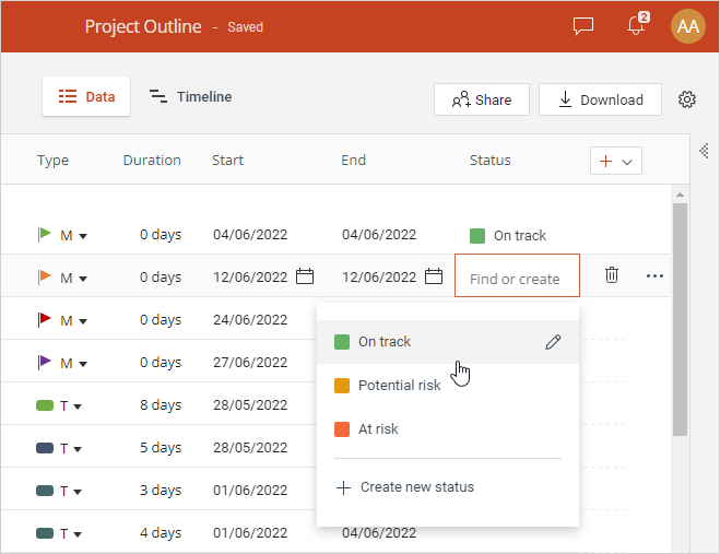 How to add and manage task and milestone statuses
