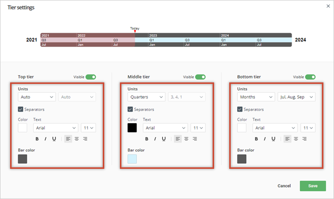 tier-settings-customize-multiple-timescales-office-timeline-online